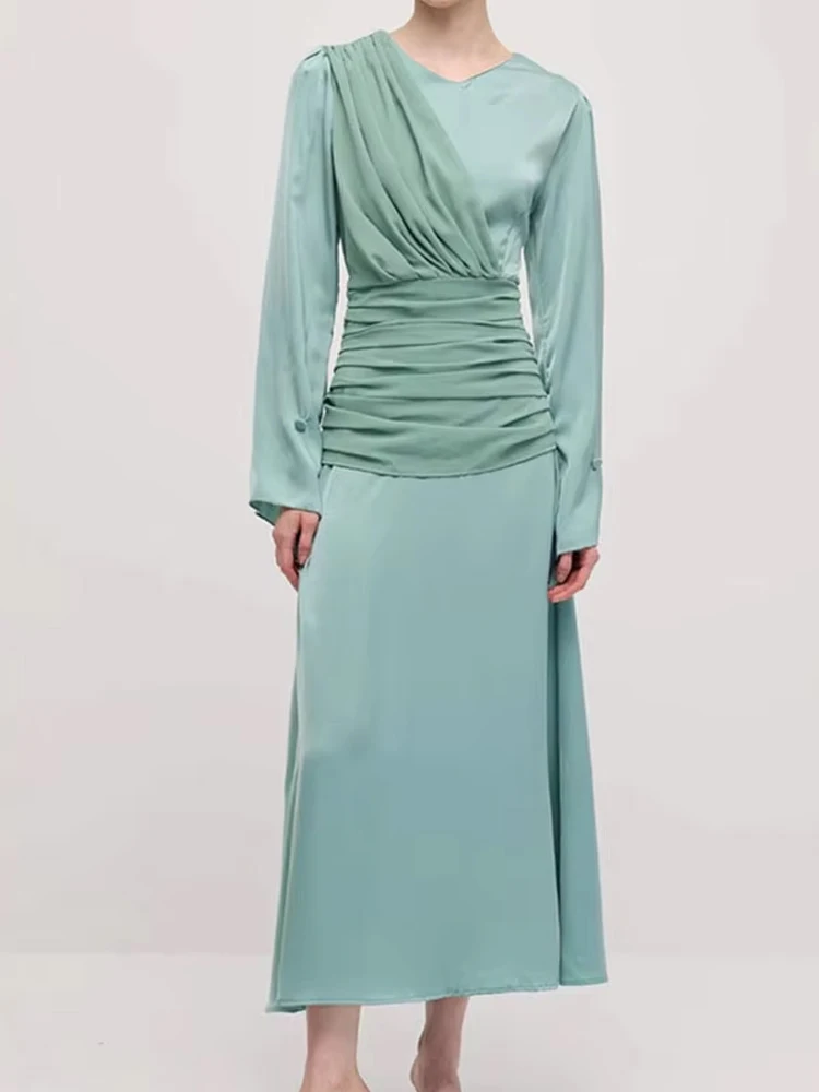 Casual Long Sleeve Solid Color Party Dress Fashion O-neck Waist Maxi Dress Elegant Patchwork Draped Slim Satin Women Long Dress 
Casual Long Sleeve Solid Color Party Dress Fashion O-neck Waist Maxi Dress Elegant Patchwork Draped Slim Satin Women Long Dress