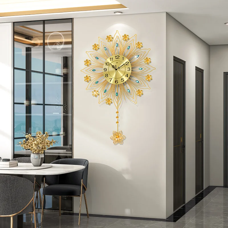 European style luxury clock, wall clock, living room, high-end feel, home decoration, clock hanging on the wall 
European style luxury clock, wall clock, living room, high-end feel, home decoration, clock hanging on the wall