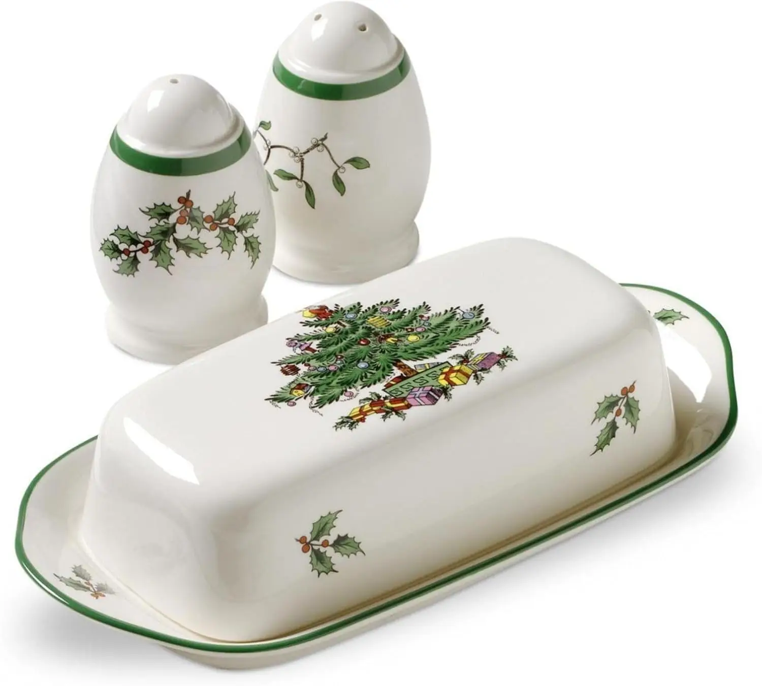 Christmas Tree 3-Piece Hostess Set: Butter Dish with Lid, Salt & Pepper Shakers - Festive Earthenware for Holiday Entertaining
Christmas Tree 3-Piece Hostess Set: Butter Dish with Lid, Salt & Pepper Shakers - Festive Earthenware for Holiday Entertaining