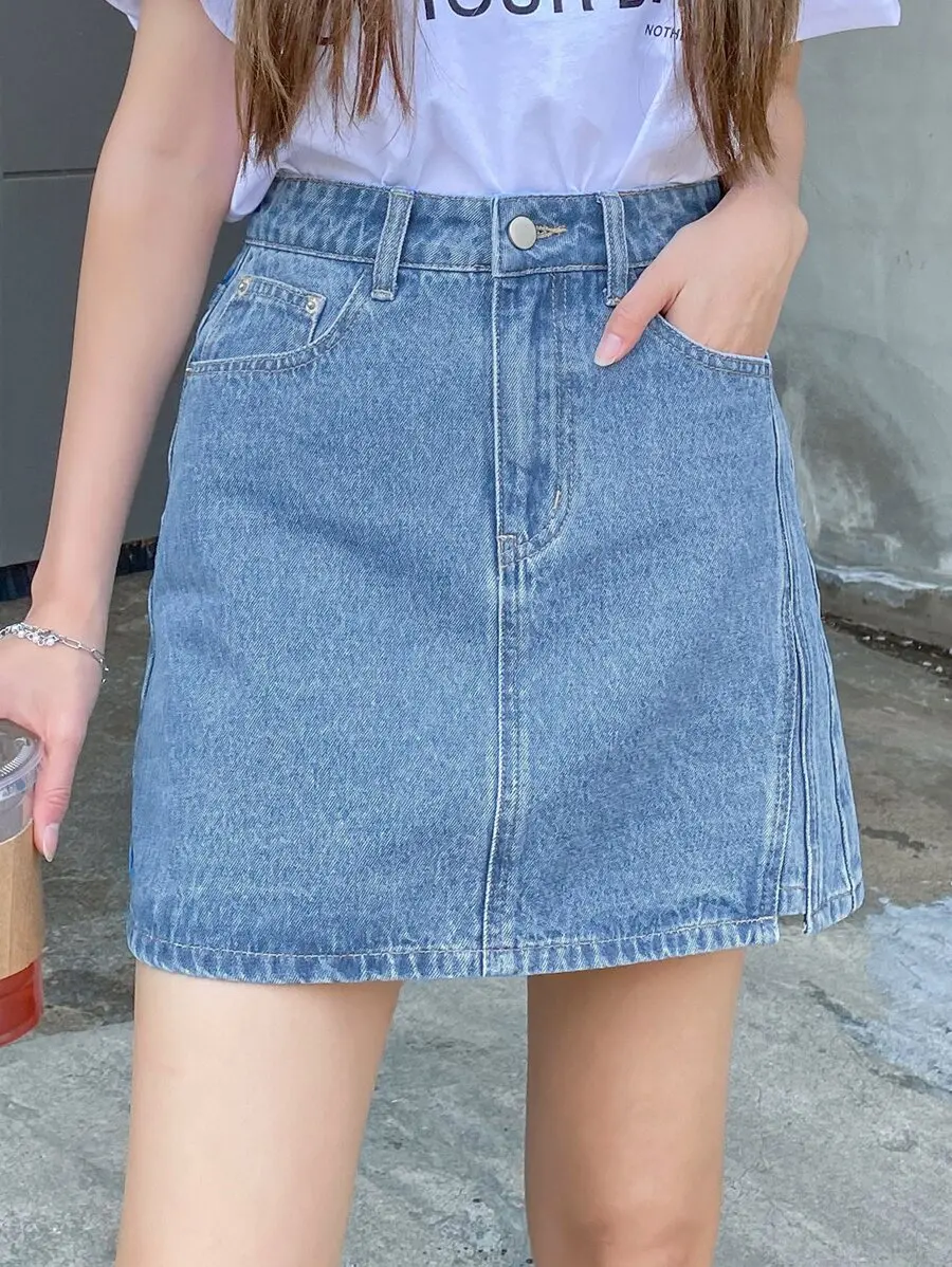 Denim Skirt With Slant Pockets And Side Split
Denim Skirt With Slant Pockets And Side Split