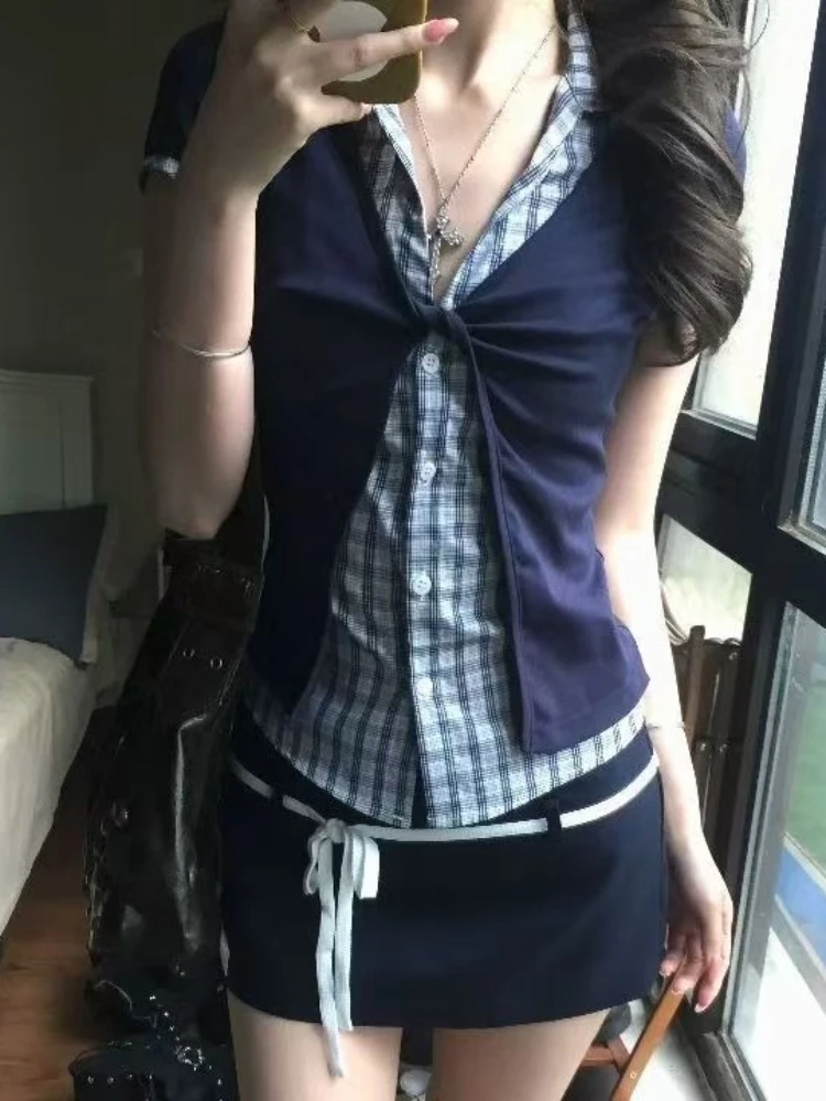 2026 Korean Fashion Fake Two Piece Patchwork Short Sleeves Shirts Summer High-waist Lace Up A-line Skirt 2-piece Set Women's
2026 Korean Fashion Fake Two Piece Patchwork Short Sleeves Shirts Summer High-waist Lace Up A-line Skirt 2-piece Set Women's