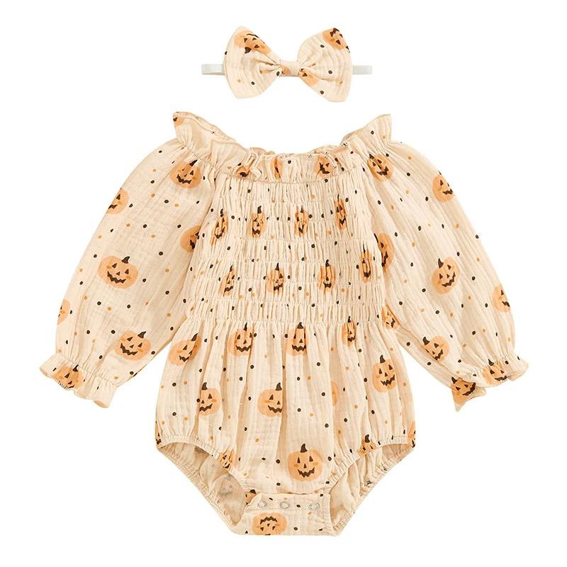 Baby Girls Halloween Casual Romper Long Sleeve Ruffle Collar Pumpkin Print Romper with Headband
Baby Girls Halloween Casual Romper Long Sleeve Ruffle Collar Pumpkin Print Romper with Headband