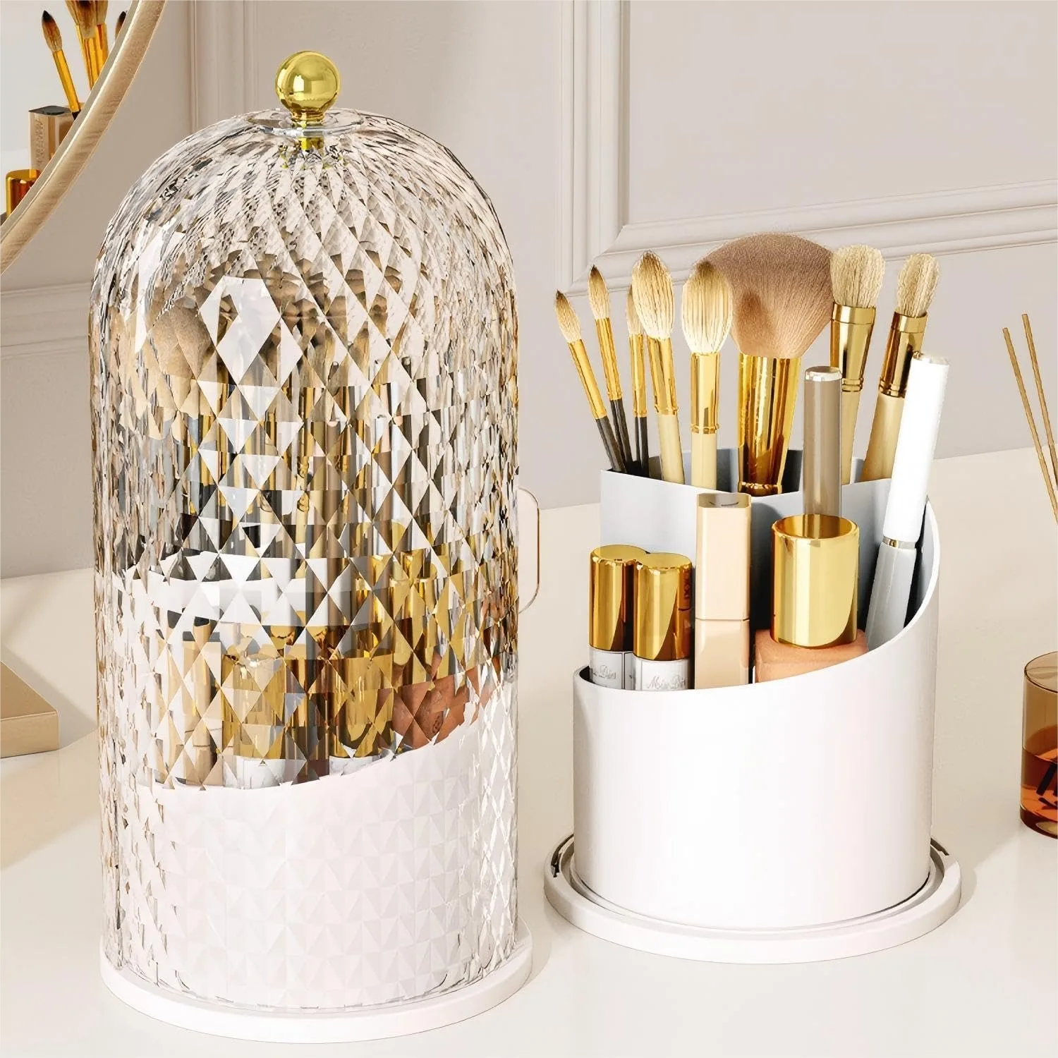 Makeup Brush Holder with Lid, 360 Rotating Diamond Pattern Storage Box, Waterproof Dustproof Organizer for Vanity Bathroom White
Makeup Brush Holder with Lid, 360 Rotating Diamond Pattern Storage Box, Waterproof Dustproof Organizer for Vanity Bathroom White