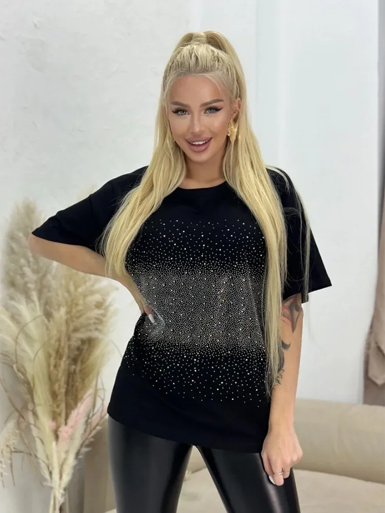 New Luxury Rhinestone T-shirt Summer O Neck Loose Basic Tees Solid Chic Casual Shirt Oversized Black T Shirts For Woman Tees
New Luxury Rhinestone T-shirt Summer O Neck Loose Basic Tees Solid Chic Casual Shirt Oversized Black T Shirts For Woman Tees