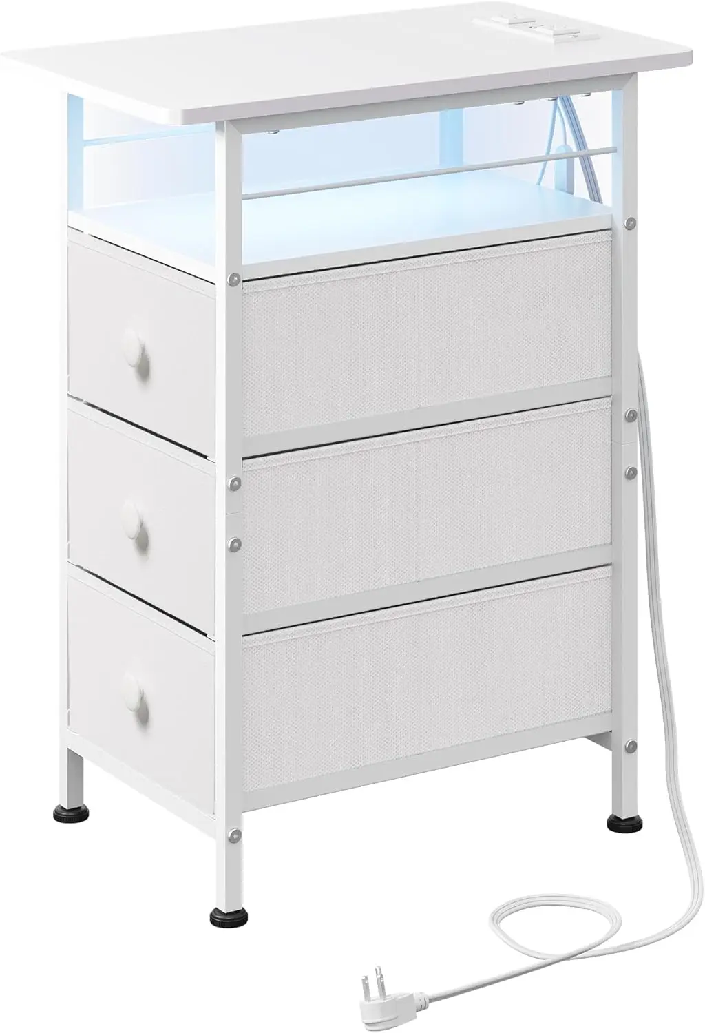 Узкий приставной столик с зарядной станцией, светодиодной подсветкой, 3 тканевыми ящиками и открытой полкой
Узкий приставной столик с зарядной станцией, светодиодной подсветкой, 3 тканевыми ящиками и открытой полкой