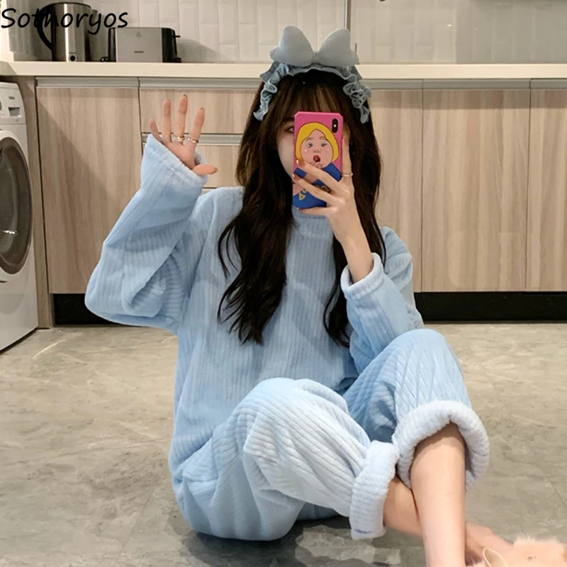 Pajama Sets Women Coral Fleece Plus Velvet Thicker Round Neck Long Sleeve 6 Colors Korean Style Ins Simple Soft Chic Harajuku
Pajama Sets Women Coral Fleece Plus Velvet Thicker Round Neck Long Sleeve 6 Colors Korean Style Ins Simple Soft Chic Harajuku