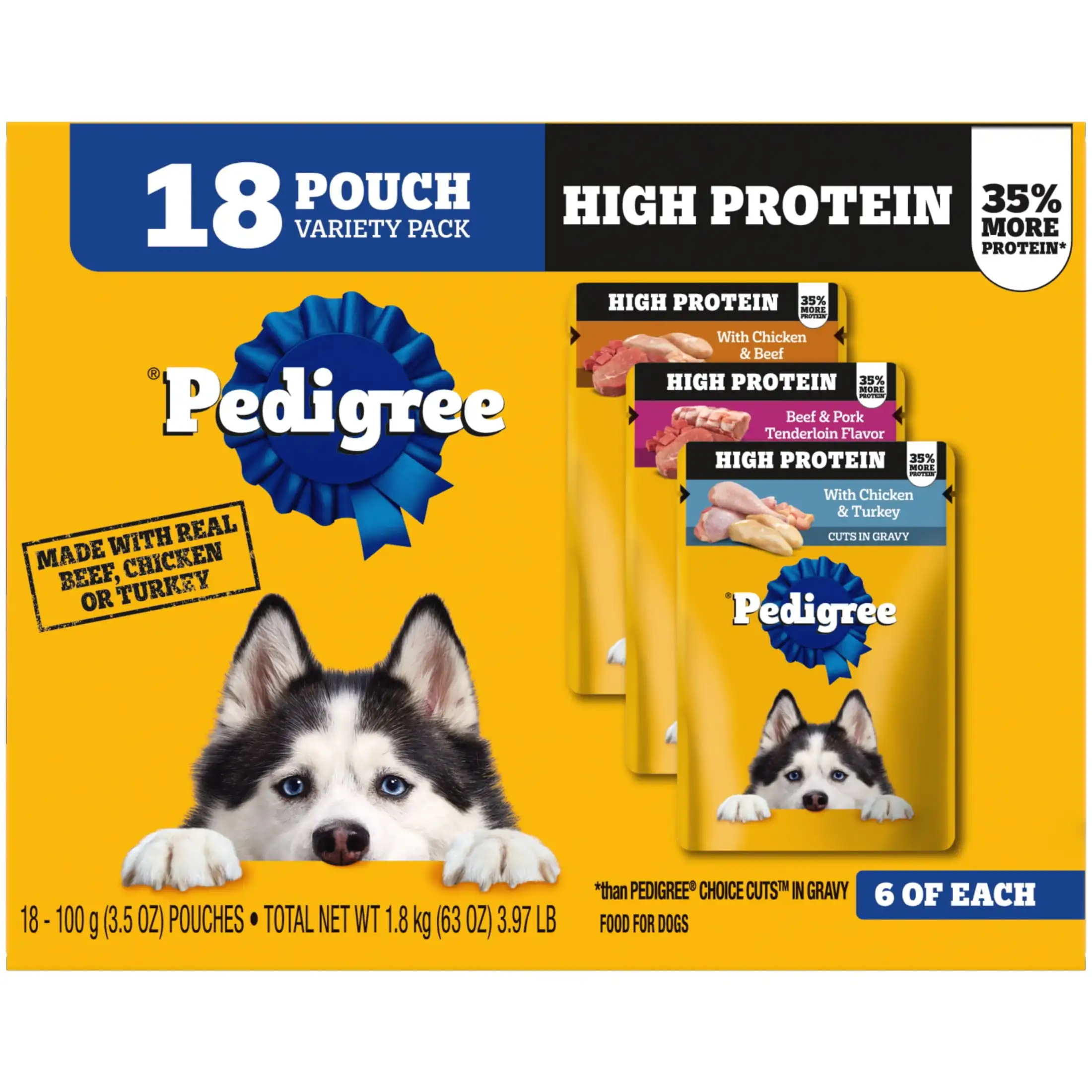 Pedigree High Protein Wet Dog Food Pouches, Variety Pack, (18 Pack) 3.5 oz Pouches
Pedigree High Protein Wet Dog Food Pouches, Variety Pack, (18 Pack) 3.5 oz Pouches