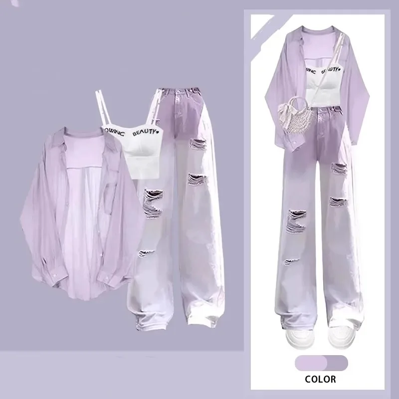 Women Spring Summer Sunscreen Shirt Sling Hole Wide Leg Pants 1 or Three Piece Set Lady Fashion Purple Blouse Vest Trousers Suit
Women Spring Summer Sunscreen Shirt Sling Hole Wide Leg Pants 1 or Three Piece Set Lady Fashion Purple Blouse Vest Trousers Suit