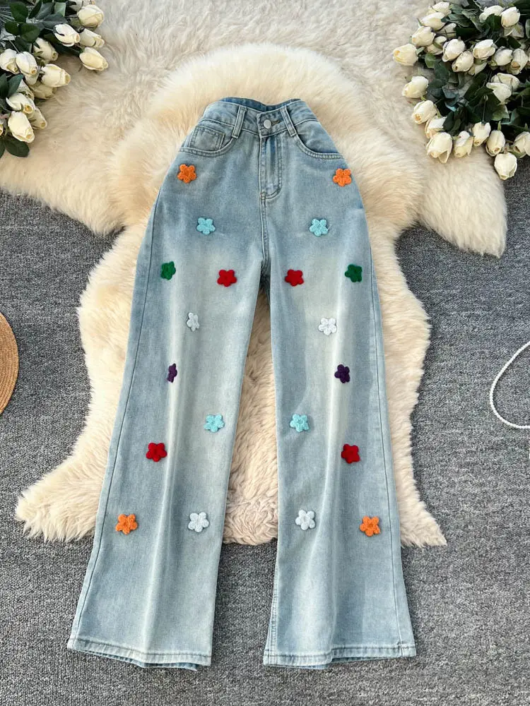 Embroidered colorful flower casual jeans women high waisted loose and fashionable versatile straight leg wide leg pants
Embroidered colorful flower casual jeans women high waisted loose and fashionable versatile straight leg wide leg pants