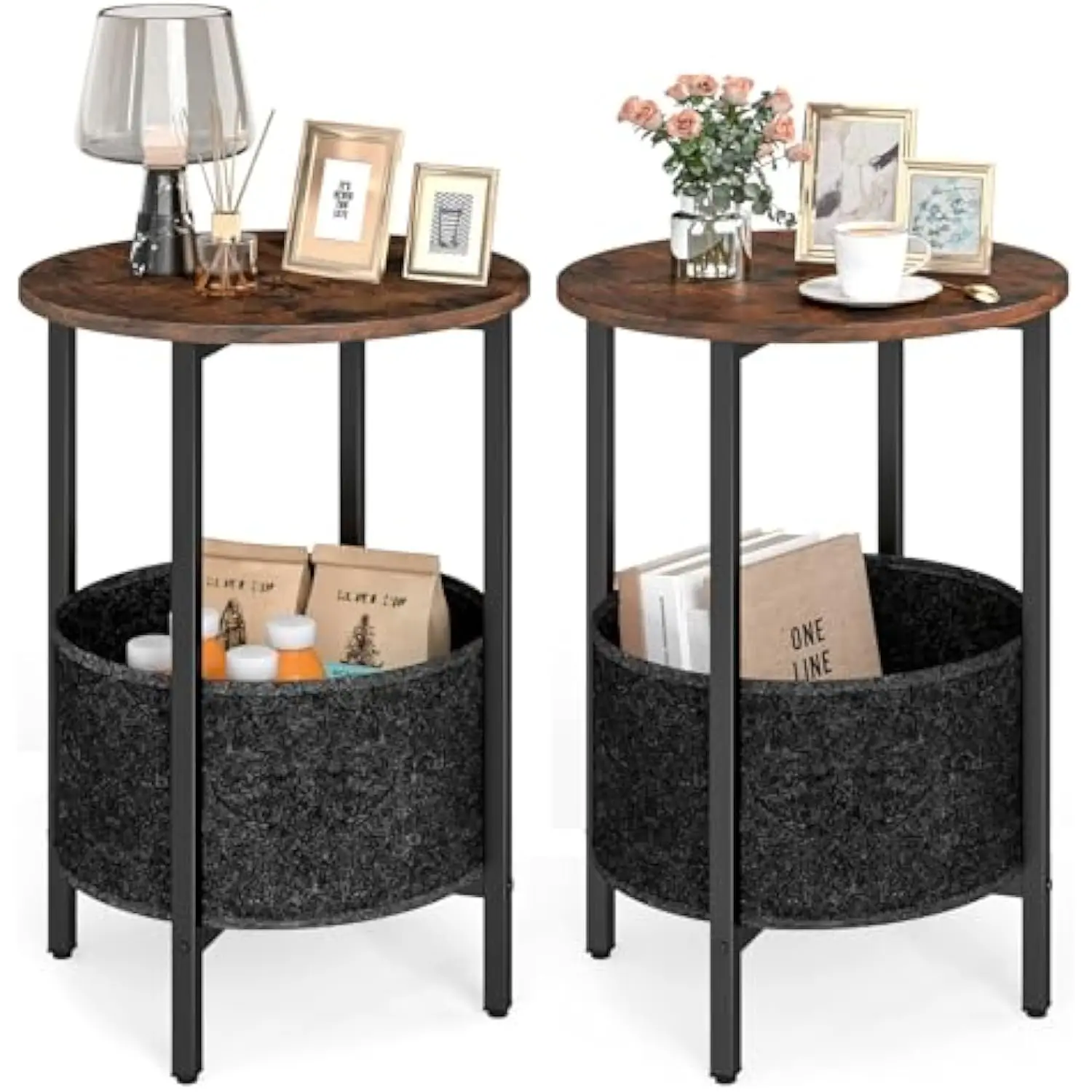 Round End Table Set of 2, Small Side Tables w/Removable Fabric Basket, Modern Bedside Tables w/Metal Frame, Sofa Couch Accent
Round End Table Set of 2, Small Side Tables w/Removable Fabric Basket, Modern Bedside Tables w/Metal Frame, Sofa Couch Accent