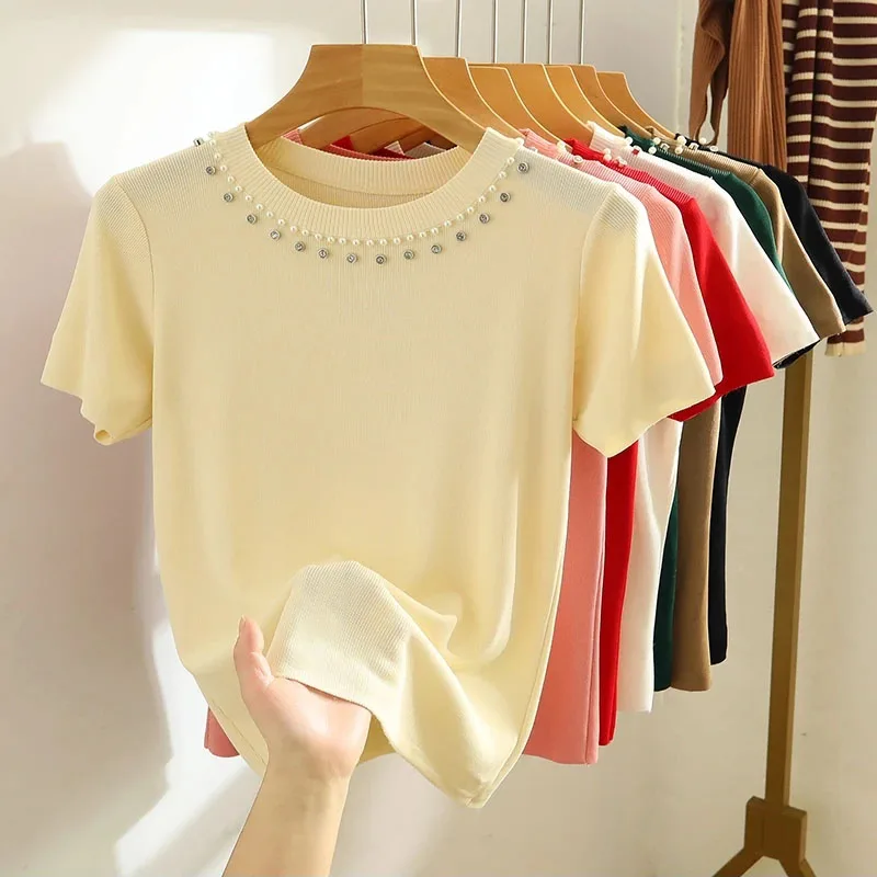 Sweaters Short Sleeve Knitted Sweater Women Pullovers Fashion Beading O-Neck Knit Sweater Pullover Women Tops Knitwears Q3405
Sweaters Short Sleeve Knitted Sweater Women Pullovers Fashion Beading O-Neck Knit Sweater Pullover Women Tops Knitwears Q3405