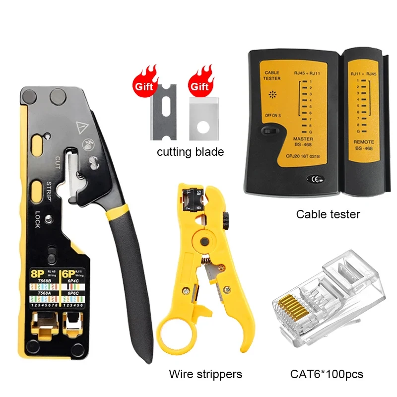 RJ45CAT7/6/6A/5E connector Multi-function crimping tool through 6P/8P/8C crimping pliers with replacement blade strippers
RJ45CAT7/6/6A/5E connector Multi-function crimping tool through 6P/8P/8C crimping pliers with replacement blade strippers