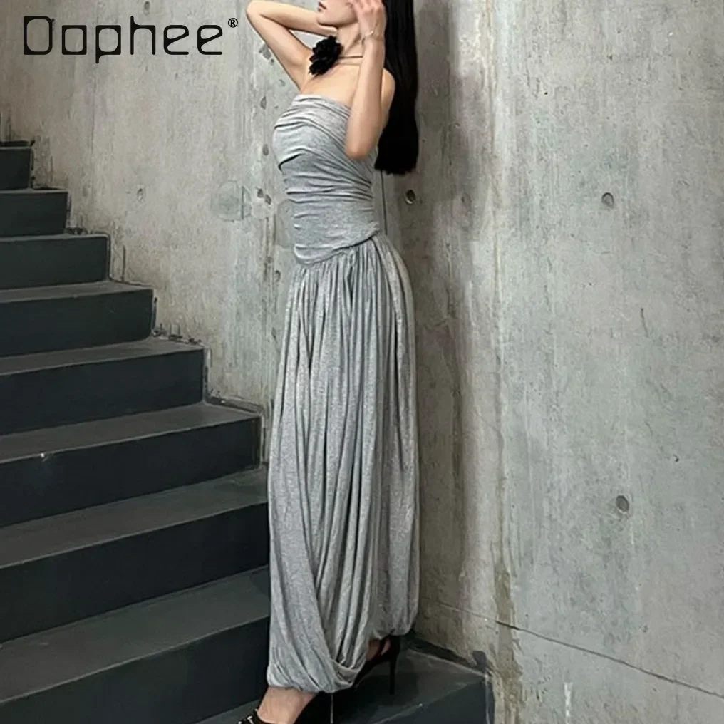 Solid Ruched Long Dress Strapless Draped Women Casual Minimalism Sleeveless Dress Street Backless Temperament Vestido Gray
Solid Ruched Long Dress Strapless Draped Women Casual Minimalism Sleeveless Dress Street Backless Temperament Vestido Gray