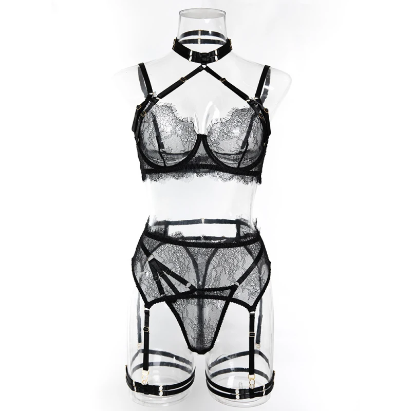 Sexy transparent eyelash lace push-up halter bra with garter belt five-piece bikini set
Sexy transparent eyelash lace push-up halter bra with garter belt five-piece bikini set