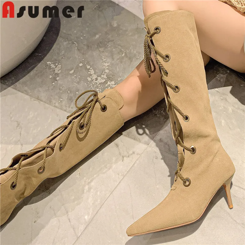 ASUMER 2024 New Lace Up Cow Suede Leather Women's Boots Ladies Pointed Toe Knee High Boots Thin High Heels Winter Boots
ASUMER 2024 New Lace Up Cow Suede Leather Women's Boots Ladies Pointed Toe Knee High Boots Thin High Heels Winter Boots