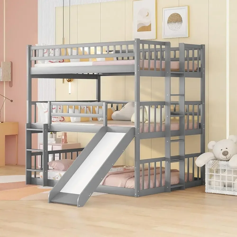 Grey Wooden Triple Bunk Bed with Slide, Detachable into 3 Beds, 2 Ladders & Guardrails for Kids & Teens
Grey Wooden Triple Bunk Bed with Slide, Detachable into 3 Beds, 2 Ladders & Guardrails for Kids & Teens