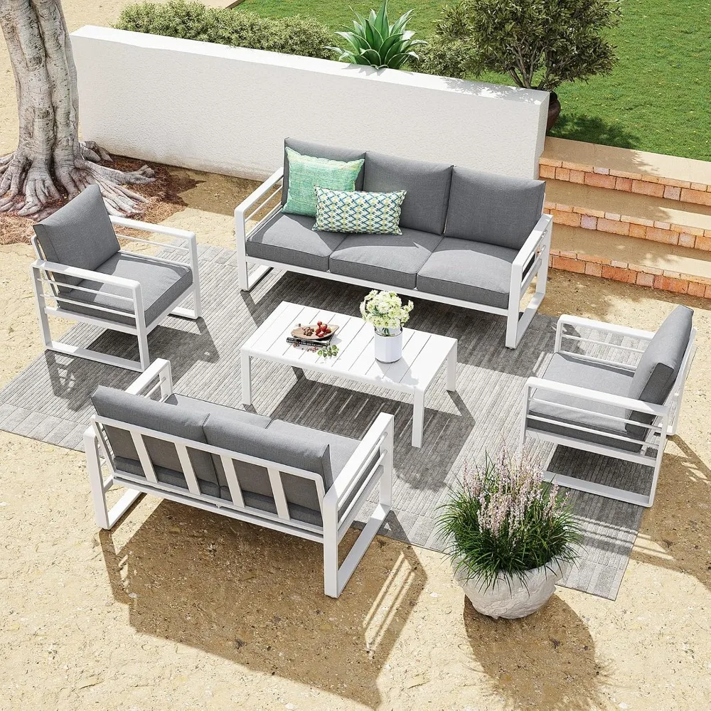Aluminum Patio Furniture Set, 5 PCS Modern Patio Set, All Weather White Outdoor Sectional Sofa Sets w/Coffee Table, Cushion
Aluminum Patio Furniture Set, 5 PCS Modern Patio Set, All Weather White Outdoor Sectional Sofa Sets w/Coffee Table, Cushion