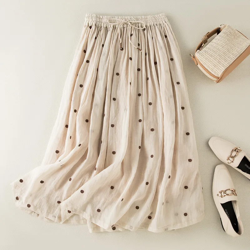 Women Summer New Korean Style Polka Dot Print Cotton Linen Skirts Drawstring Elastic Waist Casual Loose Pleated A-Line Skirts
Women Summer New Korean Style Polka Dot Print Cotton Linen Skirts Drawstring Elastic Waist Casual Loose Pleated A-Line Skirts