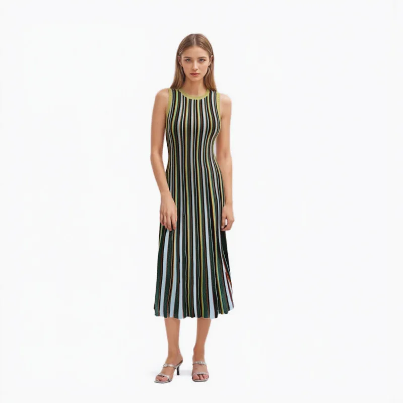 High-end Spring and Summer Elegant Lady Round Neck Sleeveless Gold and Silver Thread Pullover Striped Knitted Dress
High-end Spring and Summer Elegant Lady Round Neck Sleeveless Gold and Silver Thread Pullover Striped Knitted Dress