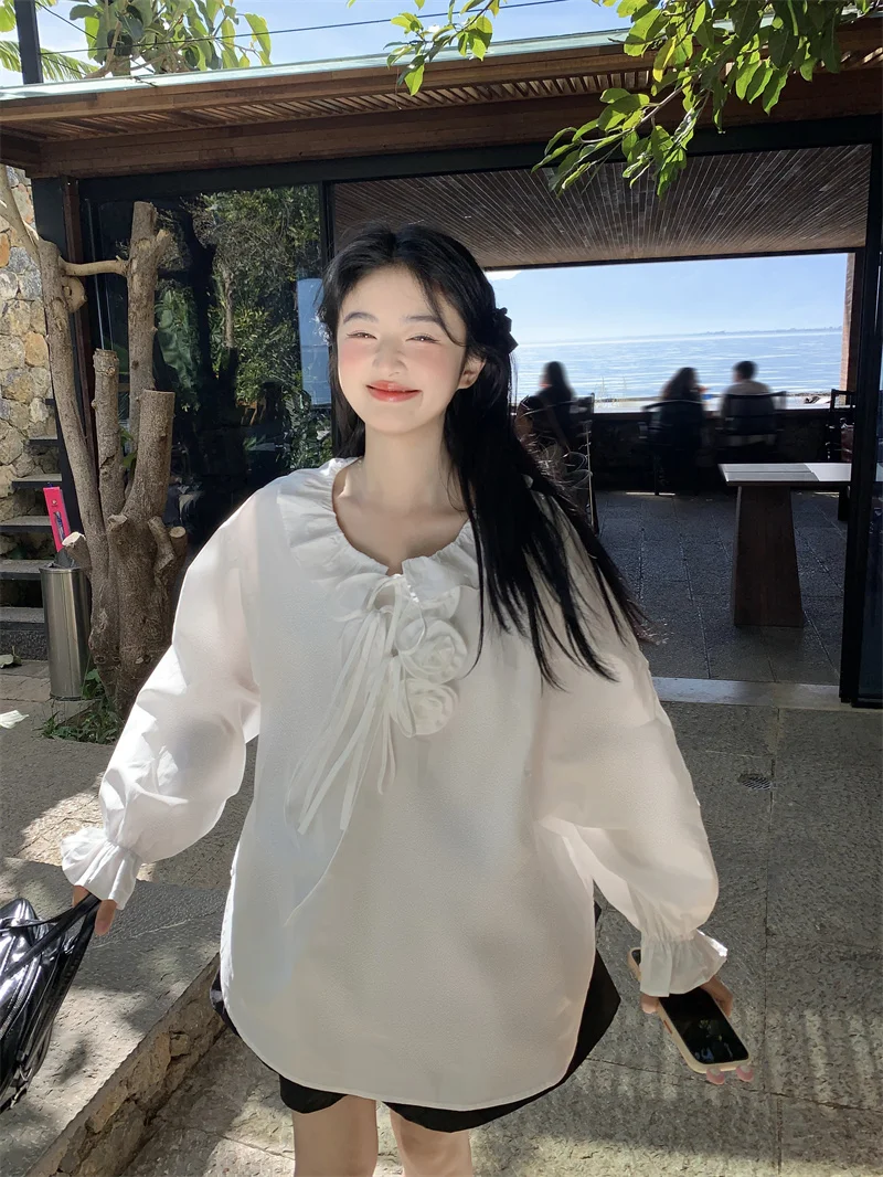 Kumikumi Women's Long Sleeve Shirt Spring Early Sweet Style Loose White Outerwear Flower Lace Hem Korean Version Commute Style
Kumikumi Women's Long Sleeve Shirt Spring Early Sweet Style Loose White Outerwear Flower Lace Hem Korean Version Commute Style