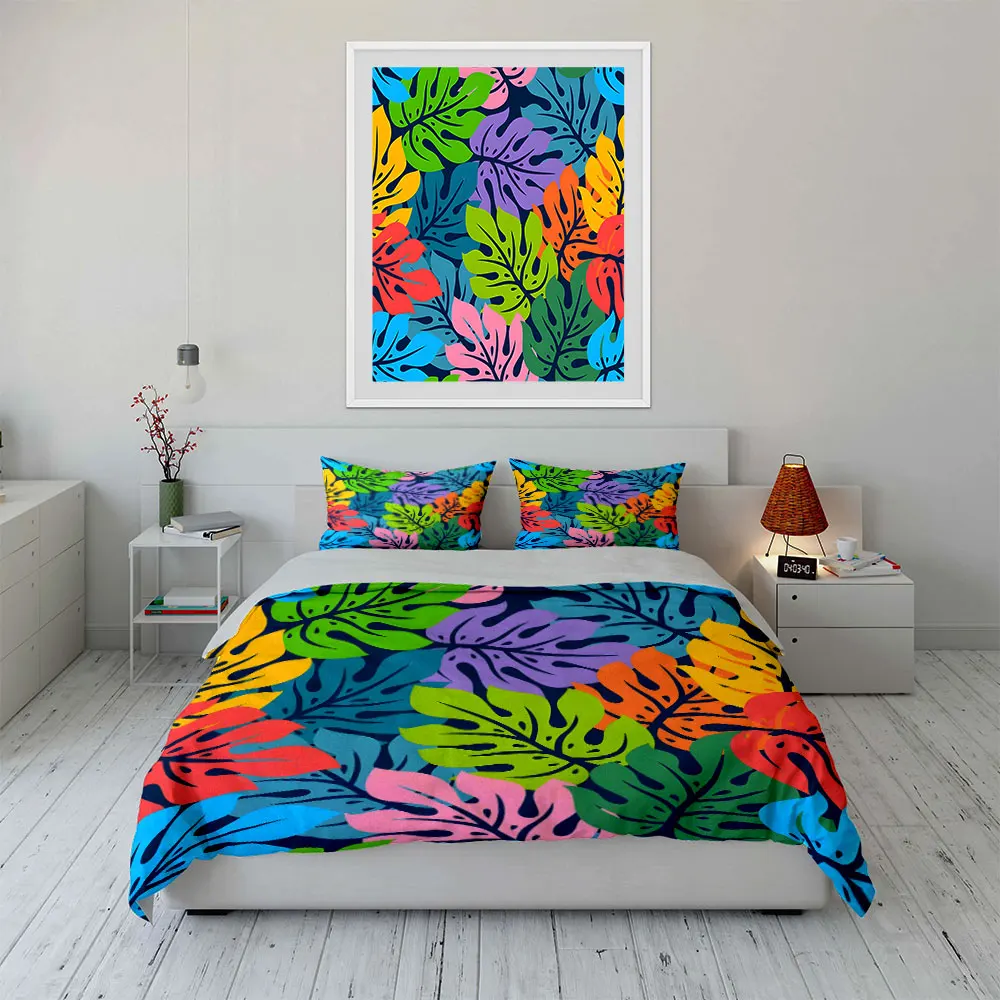 Neon Tropical Leaves Bedding Set,Multicolor Monstera Print on Dark Blue Background Duvet Cover+2 Pillowcases,Bold Jungle Decor
Neon Tropical Leaves Bedding Set,Multicolor Monstera Print on Dark Blue Background Duvet Cover+2 Pillowcases,Bold Jungle Decor