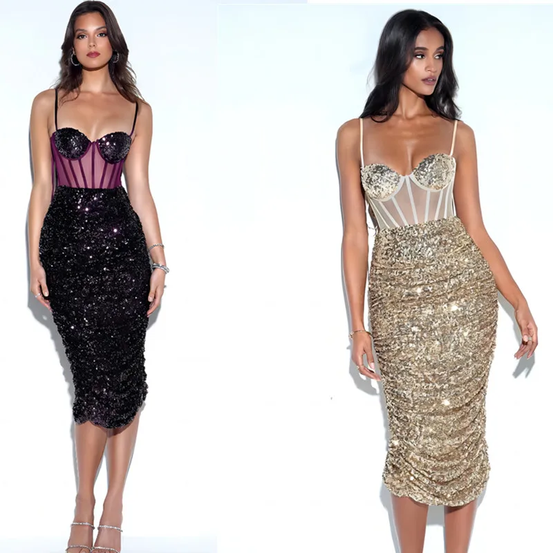 Elegant Sequin Strap Mesh See-through Casual Dress Mid-length Evening Gown for Wedding Party Performance Daily Wear Polyester...
Elegant Sequin Strap Mesh See-through Casual Dress Mid-length Evening Gown for Wedding Party Performance Daily Wear Polyester...