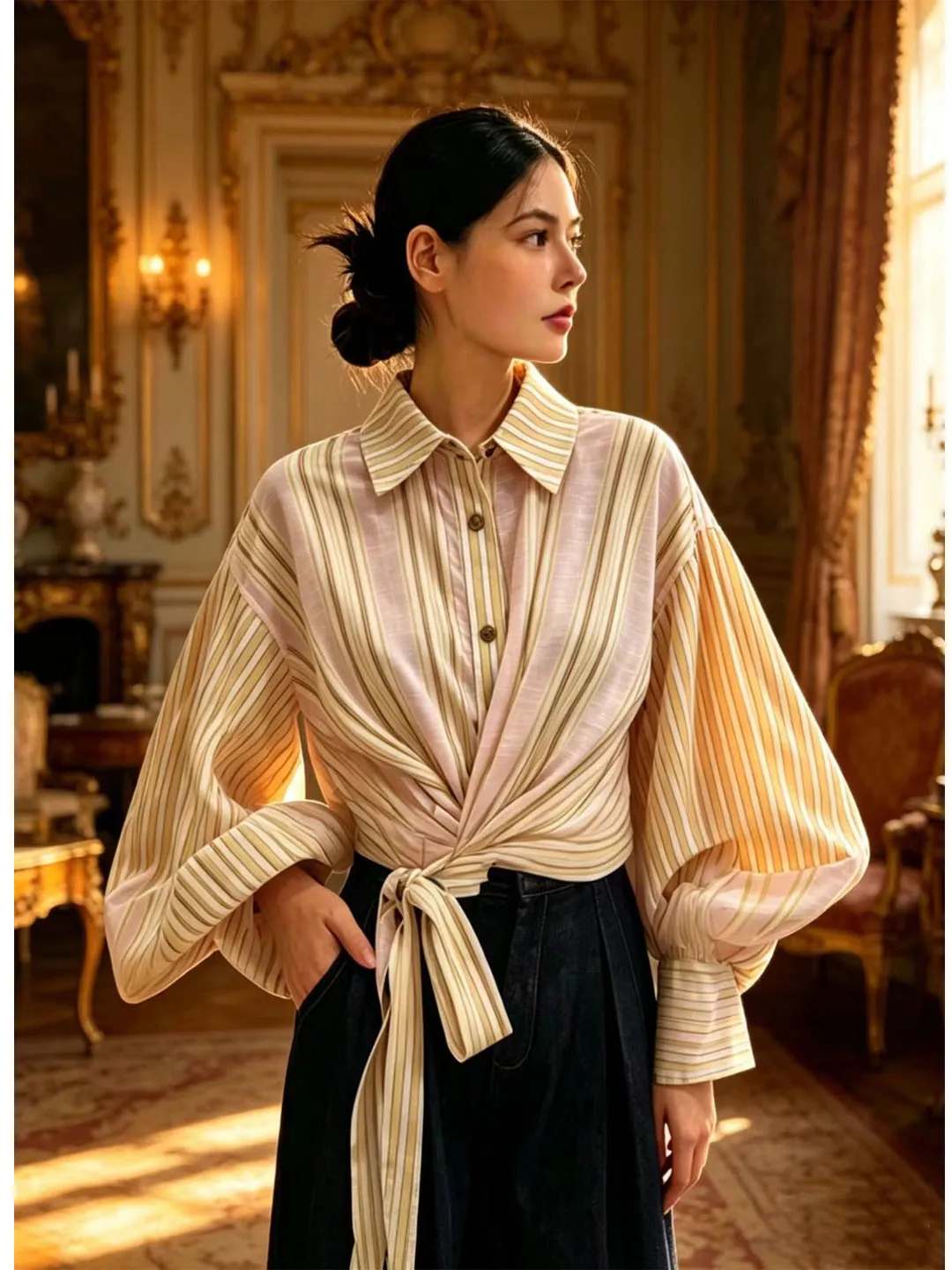 Fashionable Striped Shirt with Belt Waist Cinching Long Sleeve Turn-down Collar Lantern Sleeve Short Length Korean Style Wome...
Fashionable Striped Shirt with Belt Waist Cinching Long Sleeve Turn-down Collar Lantern Sleeve Short Length Korean Style Wome...