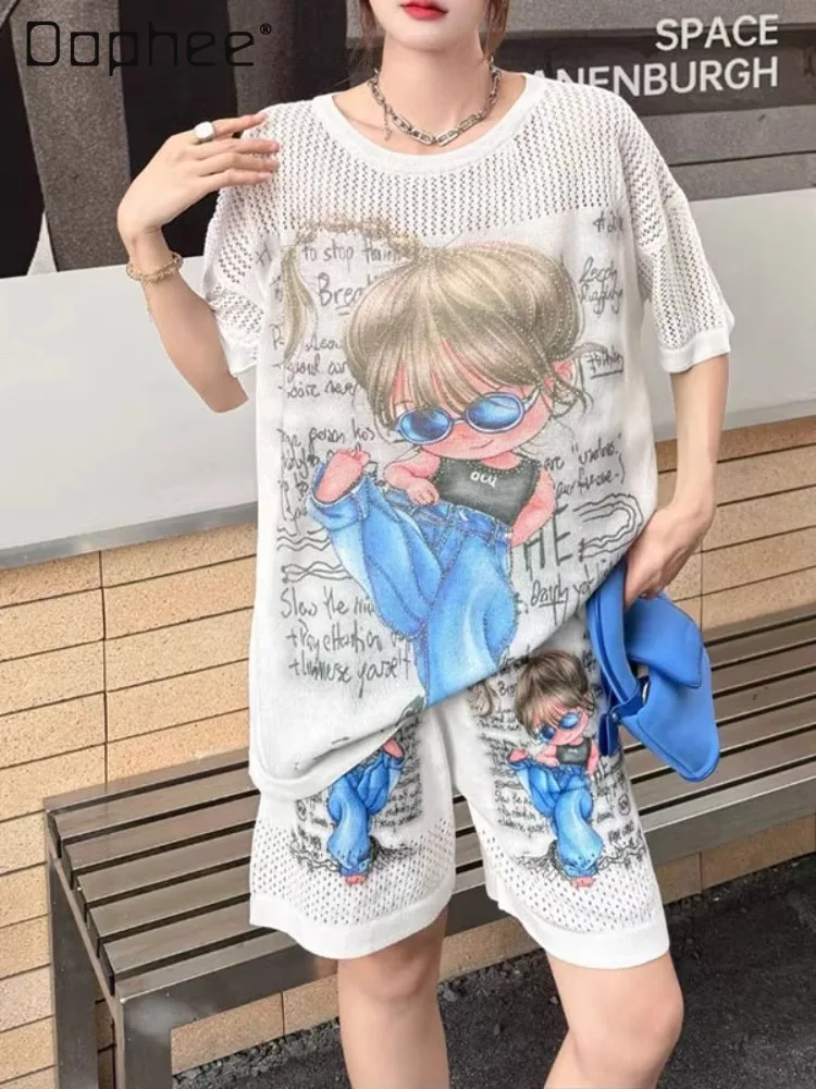 2025 Summer New Shorts Sets Printing Large Version Loose Hollow Cartoon Short-sleeved T-shirt and Shorts Two-piece Sets Women
2025 Summer New Shorts Sets Printing Large Version Loose Hollow Cartoon Short-sleeved T-shirt and Shorts Two-piece Sets Women