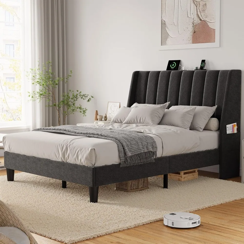 Queen Size Bed Frame with Fabric Ergonomic Headboard, Upholstered Platform Bed Frame with Wingback Storage Headboard.
Queen Size Bed Frame with Fabric Ergonomic Headboard, Upholstered Platform Bed Frame with Wingback Storage Headboard.