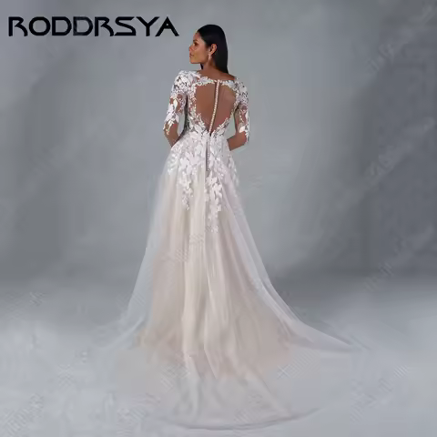 RODDRSYA 우아한 웨딩 원피스, 긴 소매 A 라인 레이스 아플리케, 사이드 스플릿 신부 가운, 연인 맞춤 드레스RODDRSYA 우아한 웨딩드레스 긴팔 A자형 레이스 스티커 측분 신부 드레스 달콤한 조끼 맞춤