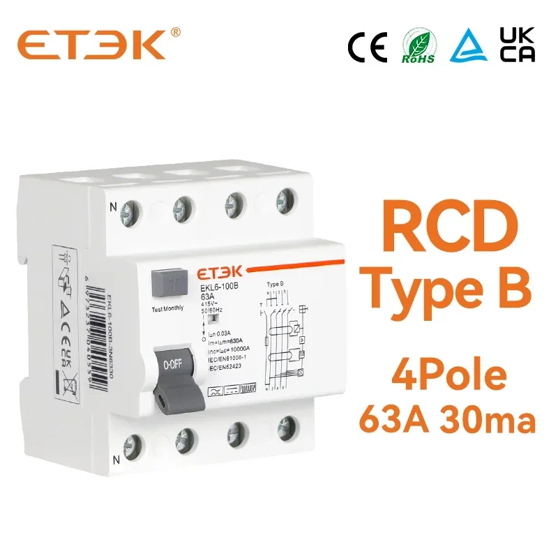 ETEK RCD автоматические выключатели утечки заземления RCCB Тип B Evse 4P 4 полюса AC 63a 30 мА 10 ка Din-рейка 220 В
ETEK RCD автоматические выключатели утечки заземления RCCB Тип B Evse 4P 4 полюса AC 63a 30 мА 10 ка Din-рейка 220 В