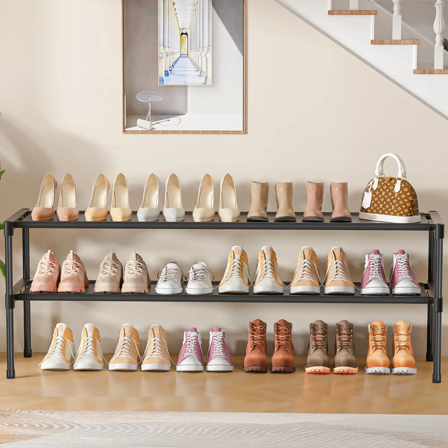 Extra Long Shoe Rack 2 Tier Shoe Storage Organizer Wide Stackable Shoe Organizer Racks for Closet Entryway,Shoe Shelf Stand Sturdy Durable Shoes Rack Holder Save Space