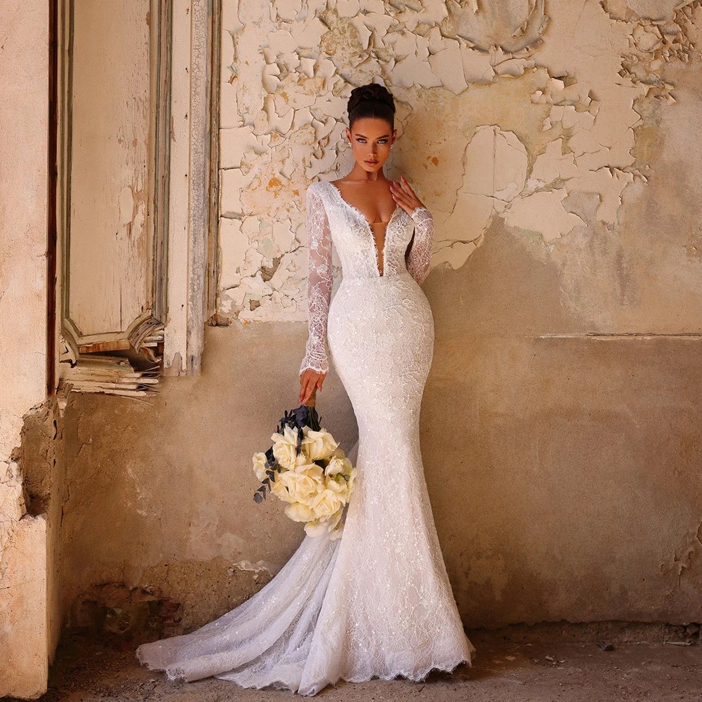 Luxury Mermaid Wedding Dresses V-Neck Long Sleeve Applique Lace Bride Gowns For Women Sweep Train vestido de noiva Customized
Luxury Mermaid Wedding Dresses V-Neck Long Sleeve Applique Lace Bride Gowns For Women Sweep Train vestido de noiva Customized