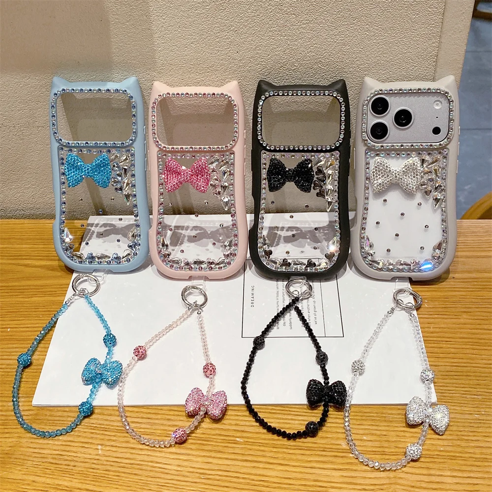 Luxury Diamond Bow Phone Case for iPhone 17 Pro 15 plus 13 14 16 Pro Max Cover With Chain 3D Cat's Ears Clear Cute Fashion Cases
Luxury Diamond Bow Phone Case for iPhone 17 Pro 15 plus 13 14 16 Pro Max Cover With Chain 3D Cat's Ears Clear Cute Fashion Cases