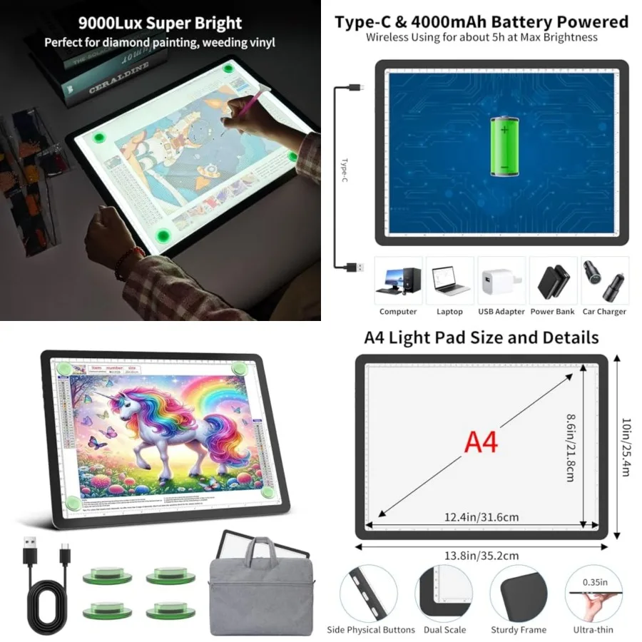 Rechargeable Diamond Art Light Board Carry, 9000 Lux Tracing Light Box with Side Physical Buttons, 3 Colors and 6 Levels of Bri
Rechargeable Diamond Art Light Board Carry, 9000 Lux Tracing Light Box with Side Physical Buttons, 3 Colors and 6 Levels of Bri
