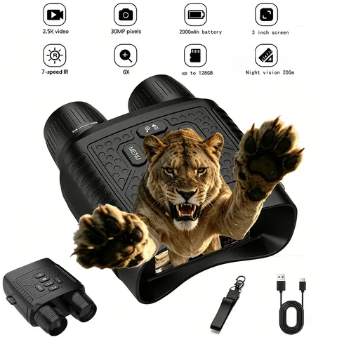 2.5K Digital Night Vision Binoculars 3" Large Screen 6X Digital Zoom Infrared Night Vision Goggles 800M Full Dark View Support Photo Video Recording Rechargeable Telescope for Hunting Camping Wildlife Observation Security Surveillance
