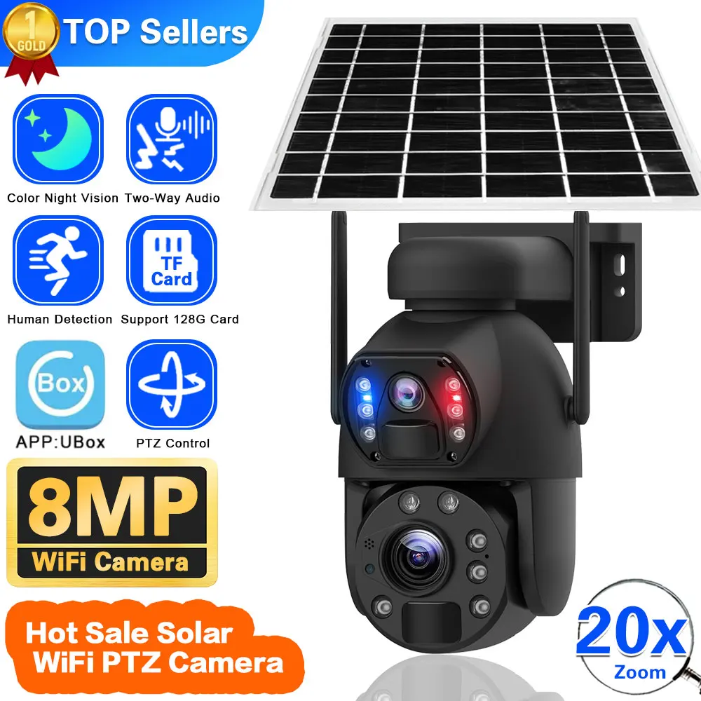 8MP Dual Lens Solar WIFI Surveillance Camera 20X Zoom Night Vision Outdoor Smart Wireless Video Security Camera With Solar Panel
8MP Dual Lens Solar WIFI Surveillance Camera 20X Zoom Night Vision Outdoor Smart Wireless Video Security Camera With Solar Panel