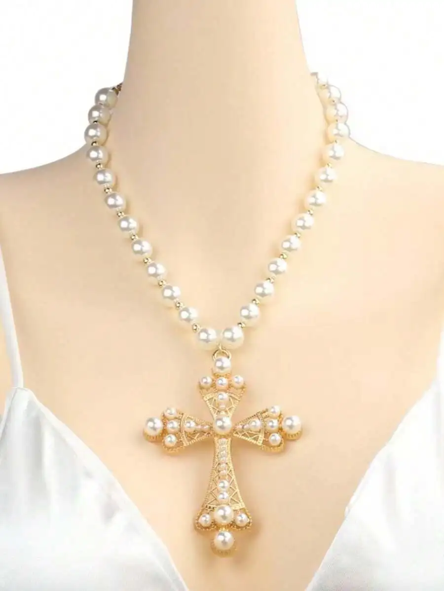 Faux Pearl Cross Pendant Necklace For Women
Faux Pearl Cross Pendant Necklace For Women