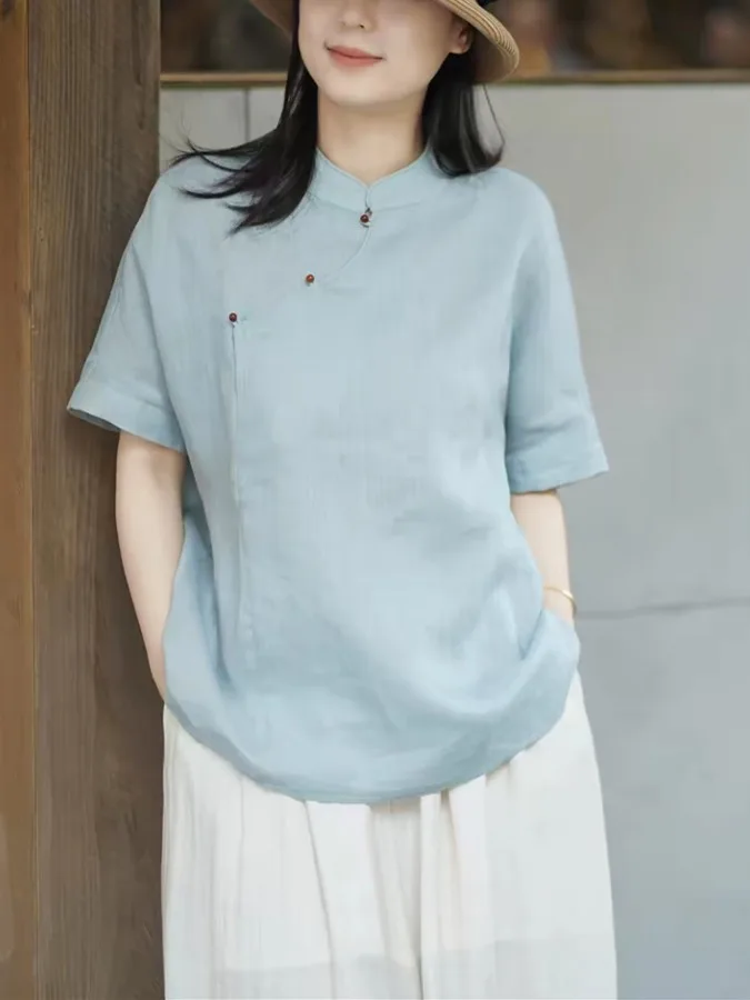 Loose Cotton Linen Short Sleeve Shirt Stand Collar Button up Casual Summer New Style plus Size Women's Clothing Chinese Style
Loose Cotton Linen Short Sleeve Shirt Stand Collar Button up Casual Summer New Style plus Size Women's Clothing Chinese Style