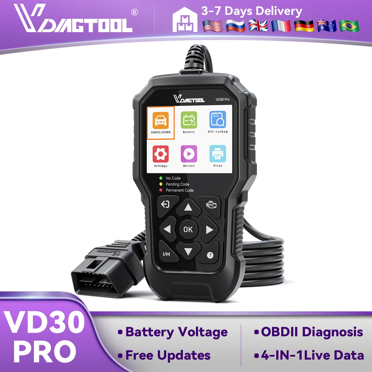VDIAGTOOL VD30Pro Code Reader OBD2 Scanner Car Diagnostic Tool For Check Engine Battery Voltage Testing I/M Readiness for OBDII
VDIAGTOOL VD30Pro Code Reader OBD2 Scanner Car Diagnostic Tool For Check Engine Battery Voltage Testing I/M Readiness for OBDII