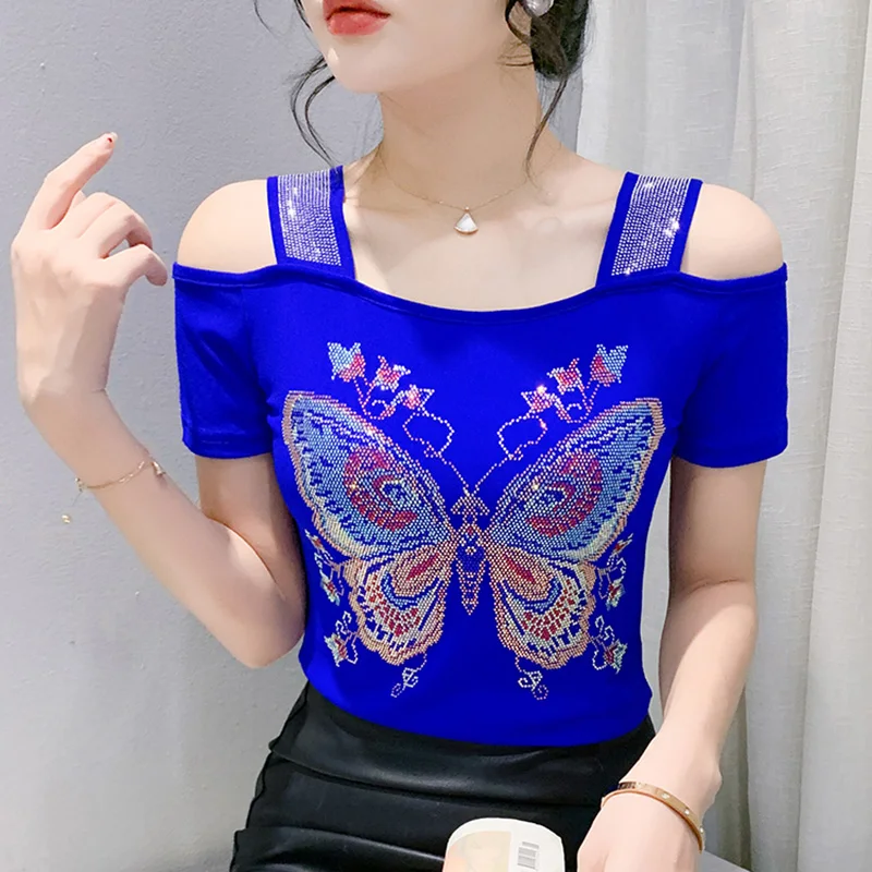New 2025 Summer Short Sleeved Women's T-Shirt Elegant Slim Off The Shoulder Butterfly Hot Diamond Mesh Tops M-3XL Clothes
New 2025 Summer Short Sleeved Women's T-Shirt Elegant Slim Off The Shoulder Butterfly Hot Diamond Mesh Tops M-3XL Clothes