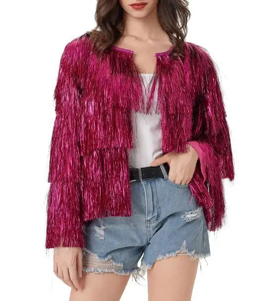 Новая женская блестящая куртка с кисточками, модное повседневное легкое пальто с длинными рукавами и открытой передней частью, Лидер продаж, S-XL 
Новая женская блестящая куртка с кисточками, модное повседневное легкое пальто с длинными рукавами и открытой передней частью, Лидер продаж, S-XL