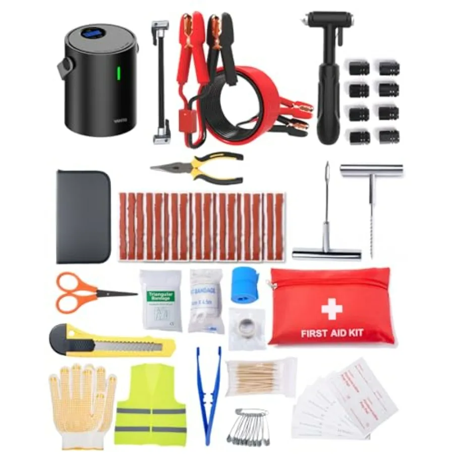Portable Emergency Kit with Tire Inflator Air Compressor Jumper Cables for Car - Winter Auto Assistance in Black with Tow Strap
Portable Emergency Kit with Tire Inflator Air Compressor Jumper Cables for Car - Winter Auto Assistance in Black with Tow Strap