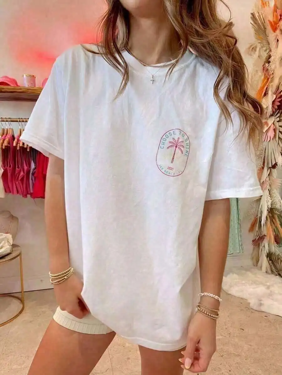 Oversized White T-Shirt With Palm Tree Graphic Loose Fit Short Sleeve Round Neck Summer Casual Tee
Oversized White T-Shirt With Palm Tree Graphic Loose Fit Short Sleeve Round Neck Summer Casual Tee