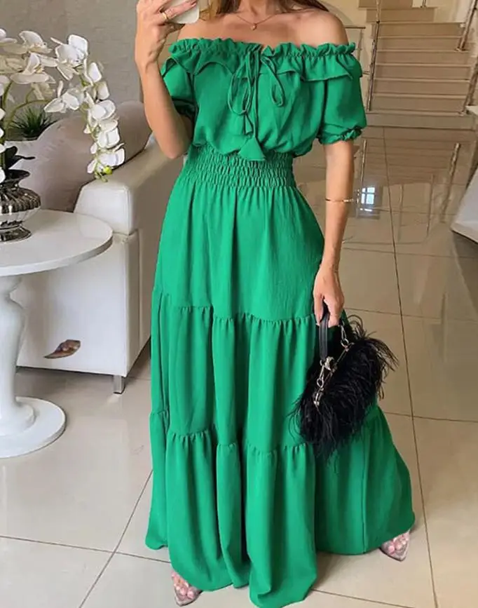 Women's Elegant Dresses Sexy Summer Off Shoulder Short Sleeve Frill Hem Lace Up Dress Women Casual High Waist Flared Maxi Dress
Women's Elegant Dresses Sexy Summer Off Shoulder Short Sleeve Frill Hem Lace Up Dress Women Casual High Waist Flared Maxi Dress
