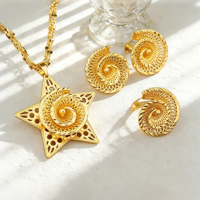 Gold Plated Star Shape Necklace Women's Earrings Ring Set Dubai Wedding Gold Jewelry 2 Piece Set Christmas Party Favor
Gold Plated Star Shape Necklace Women's Earrings Ring Set Dubai Wedding Gold Jewelry 2 Piece Set Christmas Party Favor
