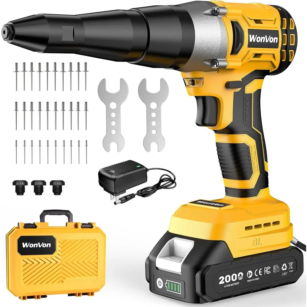 20V Cordless Electric Rivet Gun Kit with 3 Sizes, Automatic, LED Light, and Battery Included
20V Cordless Electric Rivet Gun Kit with 3 Sizes, Automatic, LED Light, and Battery Included