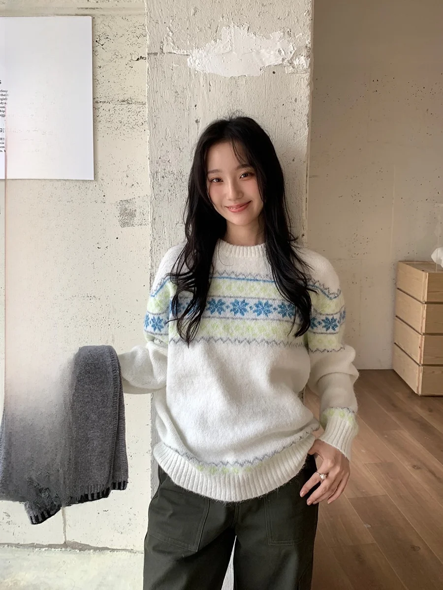 Loose Fit Fair Isle Knit Sweater round Ne Pullover Women's Winter Warm Thermal Long Sve White round Ne Knitted Top
Loose Fit Fair Isle Knit Sweater round Ne Pullover Women's Winter Warm Thermal Long Sve White round Ne Knitted Top