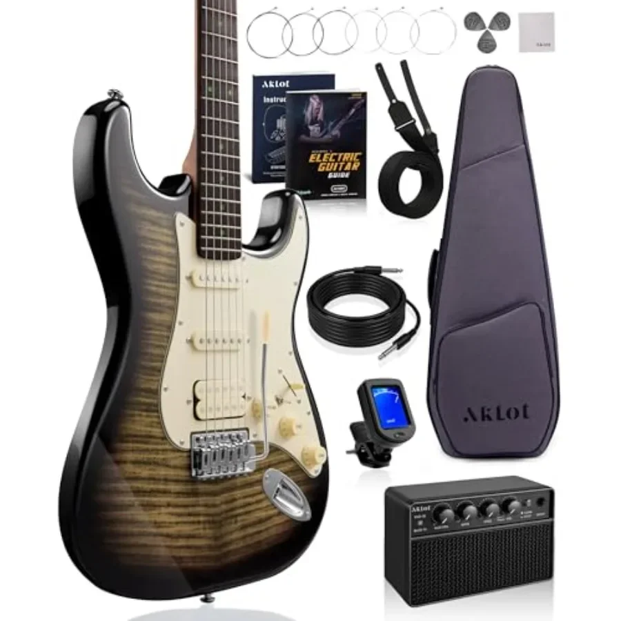 Beginner Electric Guitar Kit for practice and learning: roasted maple neck, Stryde Obsidian Black finish, 10W amp, coil-split H
Beginner Electric Guitar Kit for practice and learning: roasted maple neck, Stryde Obsidian Black finish, 10W amp, coil-split H