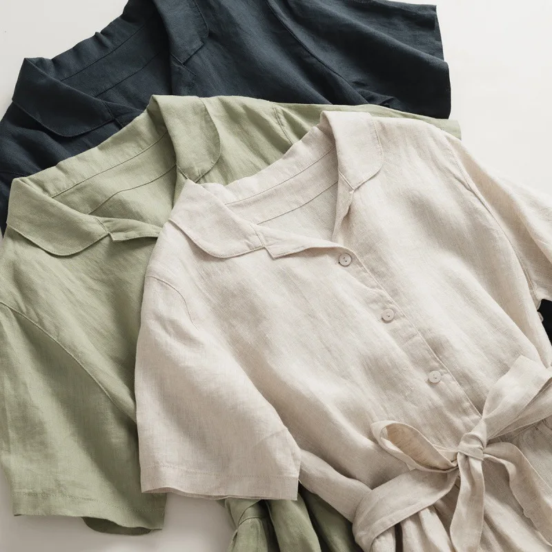 New-style women's dress, literary and retro solid-colored cotton linen dress, elegant short-sleeve belt mid-length dress
New-style women's dress, literary and retro solid-colored cotton linen dress, elegant short-sleeve belt mid-length dress